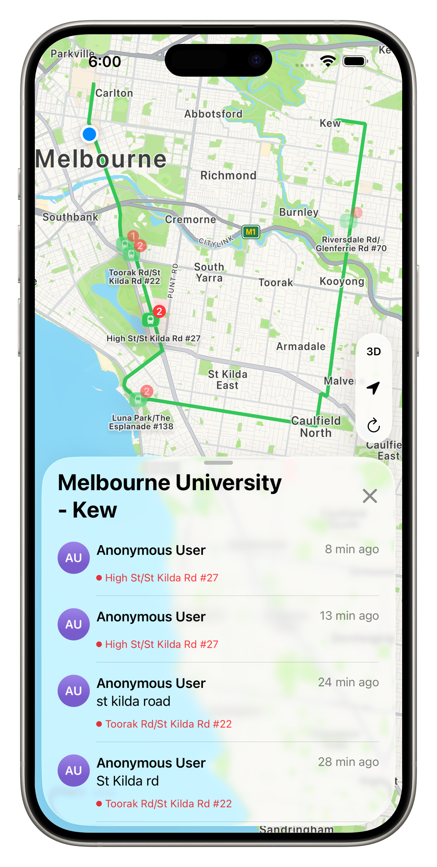 Reports along a selected route